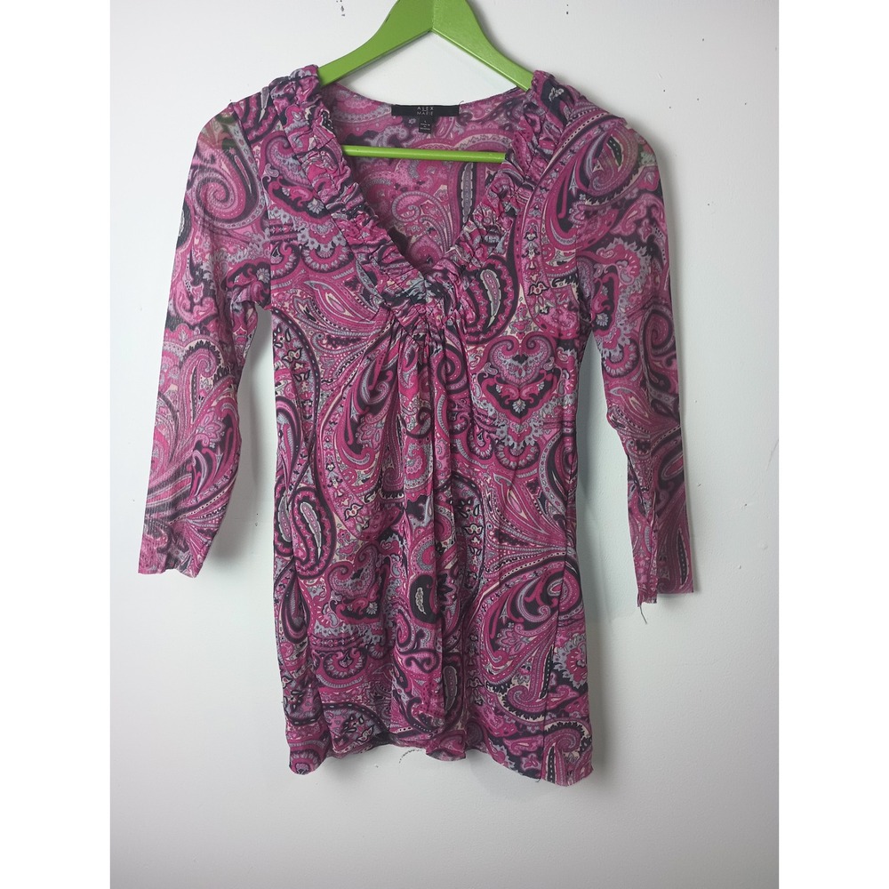 Alex Marie Pink Paisley Mesh Top V-Neck Ruffle Y2K Fairy Blouse Size L